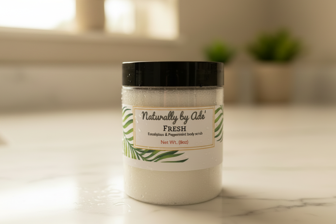 Refresh Body Scrub close-up on marble counter in natural lighting